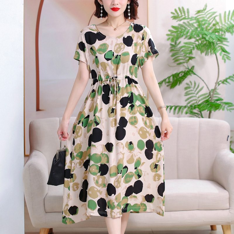 2024 New Mom Summer Cotton Silk Dress Middle-Aged Women's Fashionable Large Size Middle-Aged and Elderly Floral Elegant Skirt