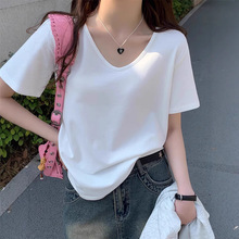 金韩纯色t恤女2025新款v领白色短袖夏季正肩宽松遮肉露锁骨  包邮