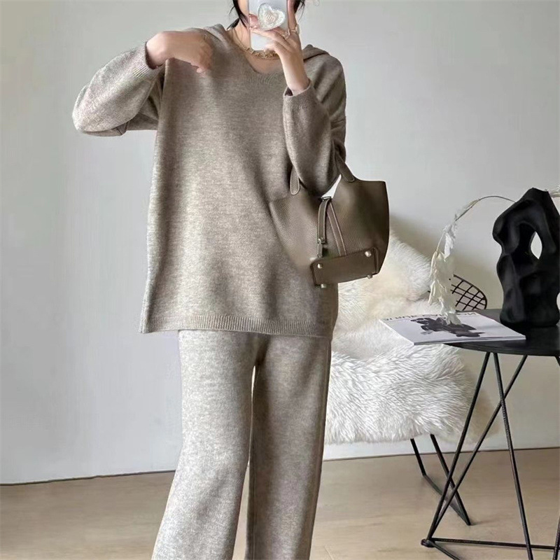 Autumn and Winter Age-reducing Korean Knitted Suit Women's Lazy Style Hooded Sweater Casual Straight Wide Leg Pants Fashionable Two-piece Suit Autumn and Winter Age-reducing Korean Knitted Suit Women's Lazy Style Hooded Sweater Casual Straight Wide Leg Pants Fashionable Two-piece Suit