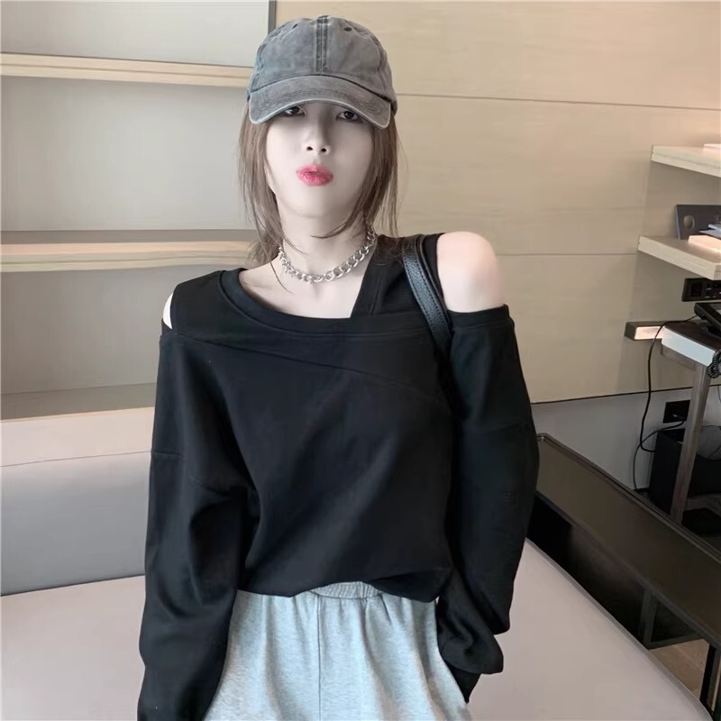港风假两件拼接卫衣女士2025春秋新款简约设计感露肩宽松休闲上衣|undefined