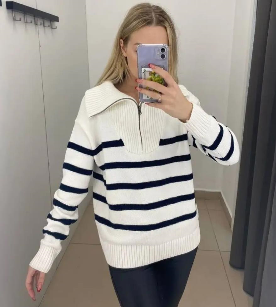 2024 neuer Damen-Herbst-Winter-College-Stil, außen und innen getragener gestreifter Strickpullover, Pullover mit halbem Reißverschluss_voghion.com