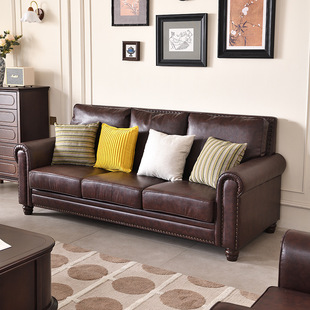 American-Style Brown Vintage Studded Living Room Sofa with Large Armrests, Available in Single, Double, Three, or Four-Seater Options, Made of Oil-Waxed Top-Layer Cowhide Leather