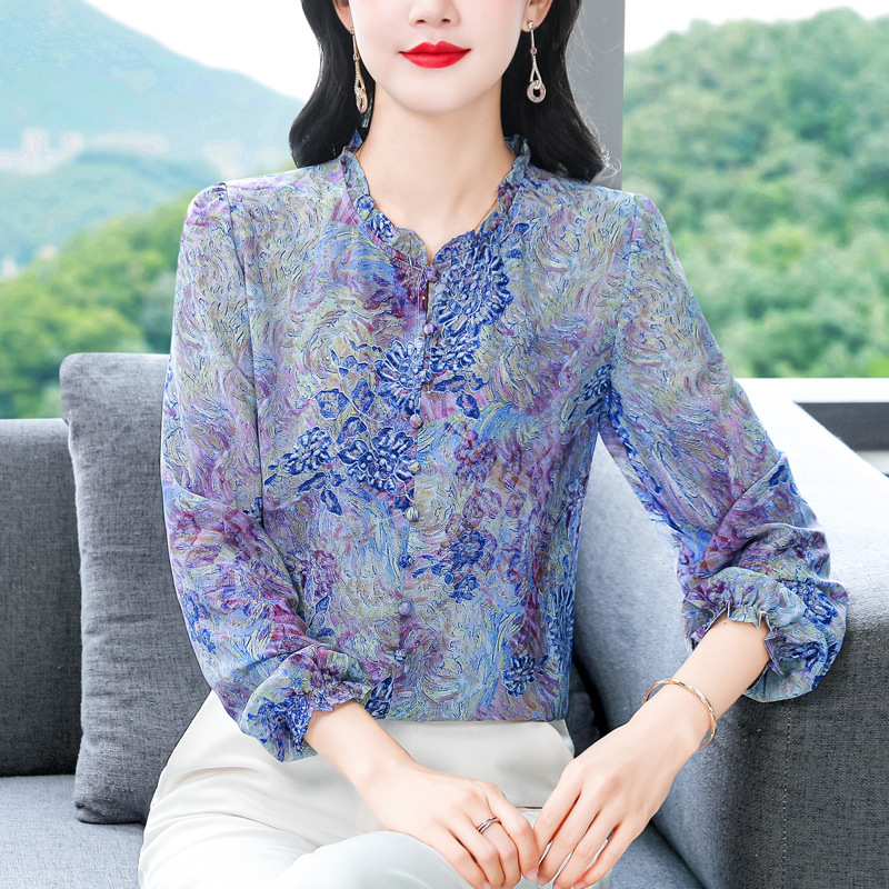 2025秋季新款长袖烫金印花桑蚕丝雪纺衬衫气质大码洋气女装批发|undefined