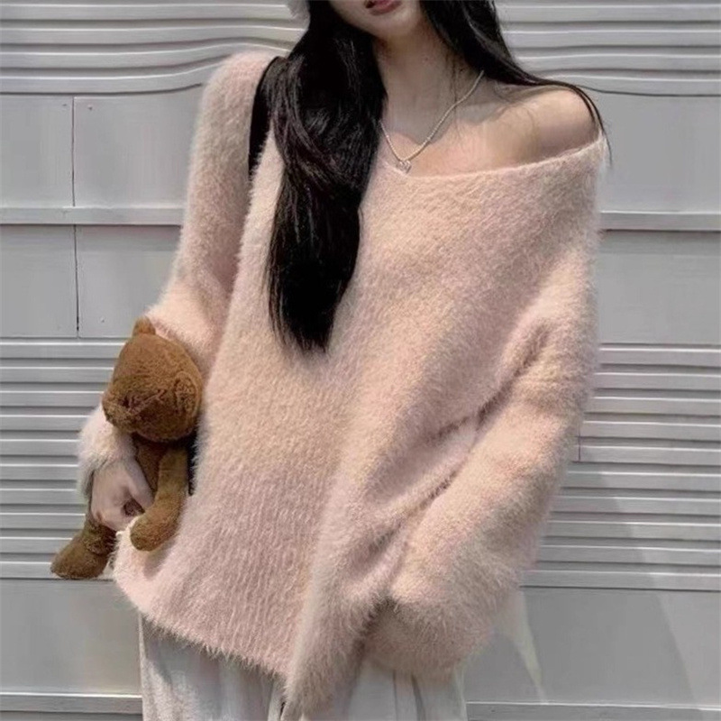 Gentle, Lazy, Soft and Waxy V Neck Knitwear for Women in Autumn and Winter, Sweet and Loose Imitation Mink Velvet Long-Sleeved Pink Knitwear Top