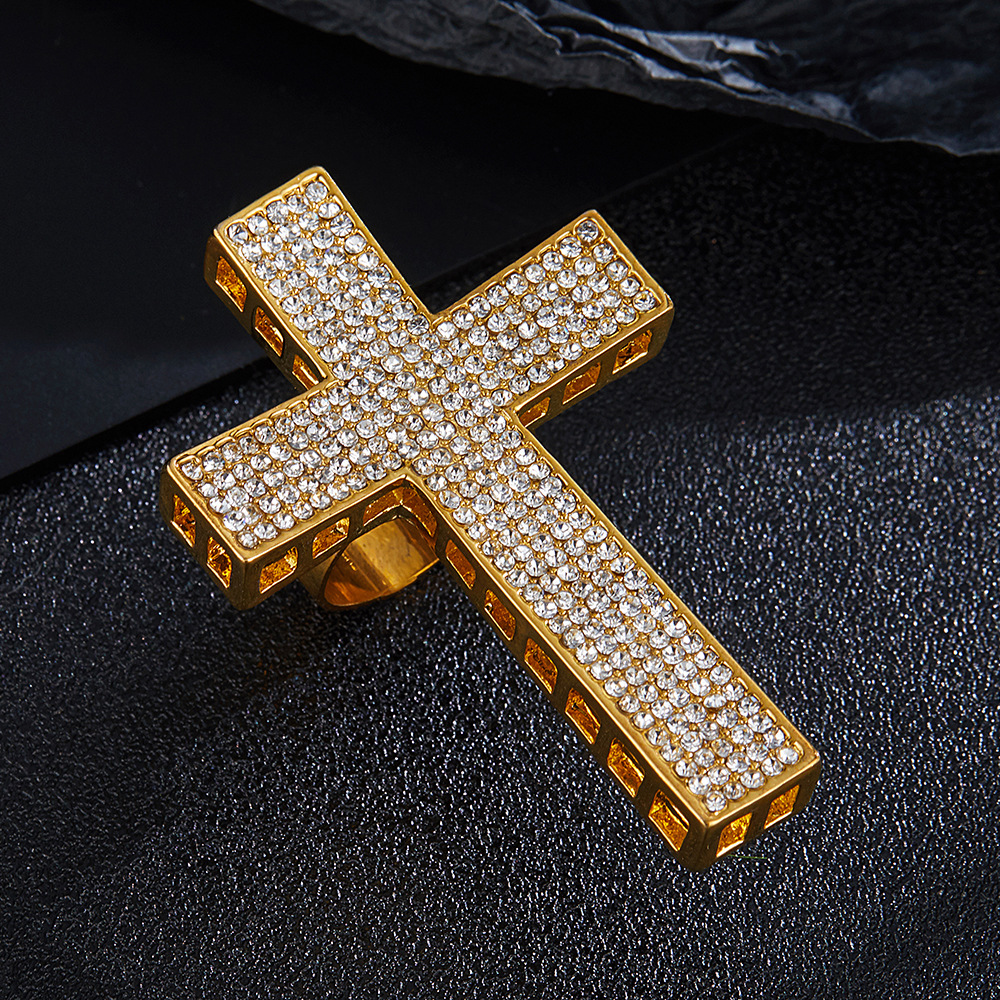 Anello aperto a forma di croce in lega versatile alla moda con diamanti_voghion.com