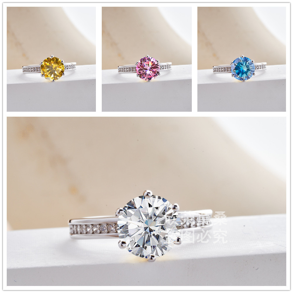 Transfronterizo rosa redondo corte 3CT anillo de piedra de moissanita s925 plata simple anillo de plata esterlina s925