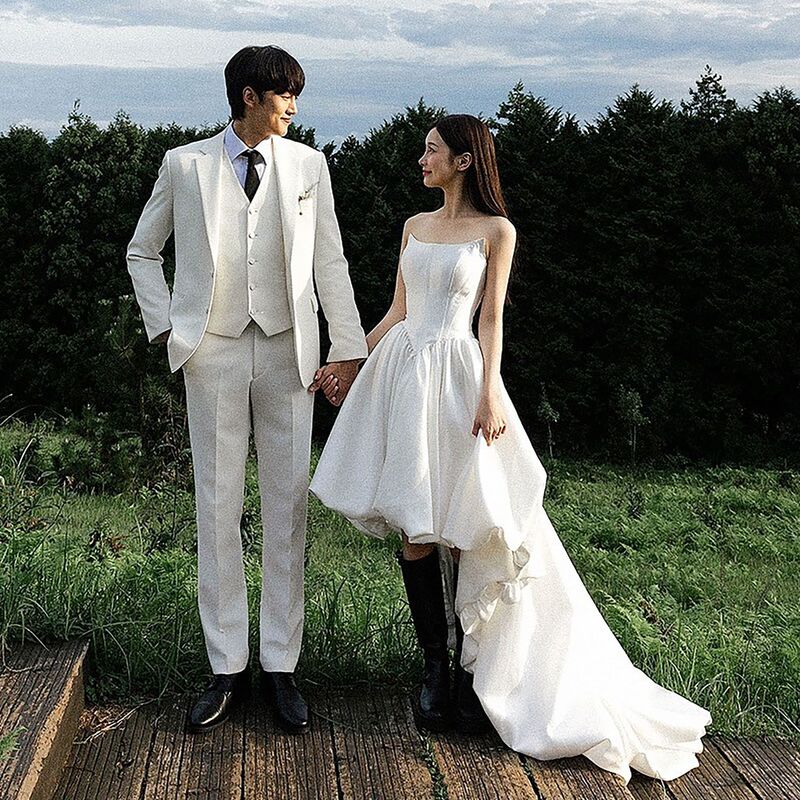 Korean-Style Light Wedding Dress, Satin, Simple One-Shoulder, Short in Front and Long in Back, Travel Photography, Beautiful Dress, Tutu Skirt, High-End
