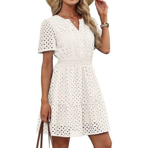 Summer New European and American Style Hollow-Out Dress, Black V-Neck, Suitable for Work and Dates, Short-Sleeved, Waist-Cinching, Slimming A-Line Dress for Women