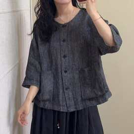 日系复古文艺亚麻上衣女夏季新款拼大口袋宽松休闲简约百搭衬衫女