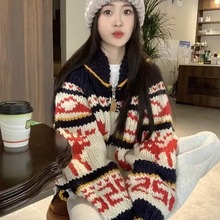 美式小众图案加厚宽松毛衣女2024秋冬设计感休闲百搭针织开衫外套