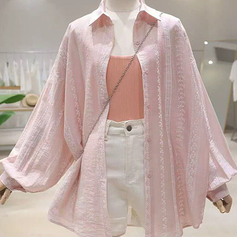 Thin Embroidered Crochet Pink Sun-Protective Shirt Jacket for Women, Summer Loose-Fitting Versatile Mid-Length Outerwear Cardigan Top