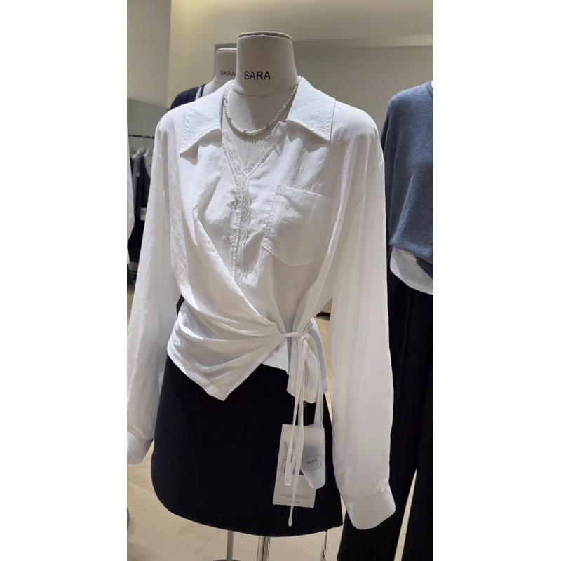 Designed Elegant Lace Splicing Long-Sleeved White Shirt for Women 2025 Early Autumn Waist Tie Slimming Look Shirt Top