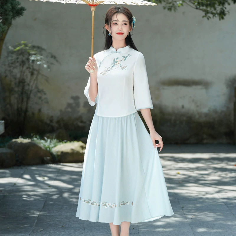Новый летний китайский стиль, ретро-костюм из хлопка и льна с вышивкой на пуговицах, костюм Тан, улучшенный элемент Ханьфу, топ-чайный костюм, комплект