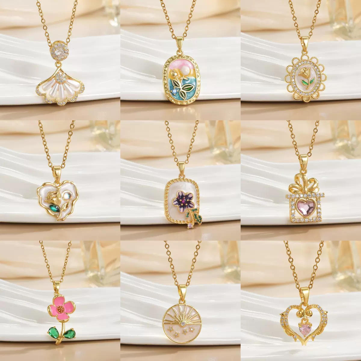 跨境外贸花朵爱心设计吊坠项链女铜镀18k真金时尚百搭高级感饰品