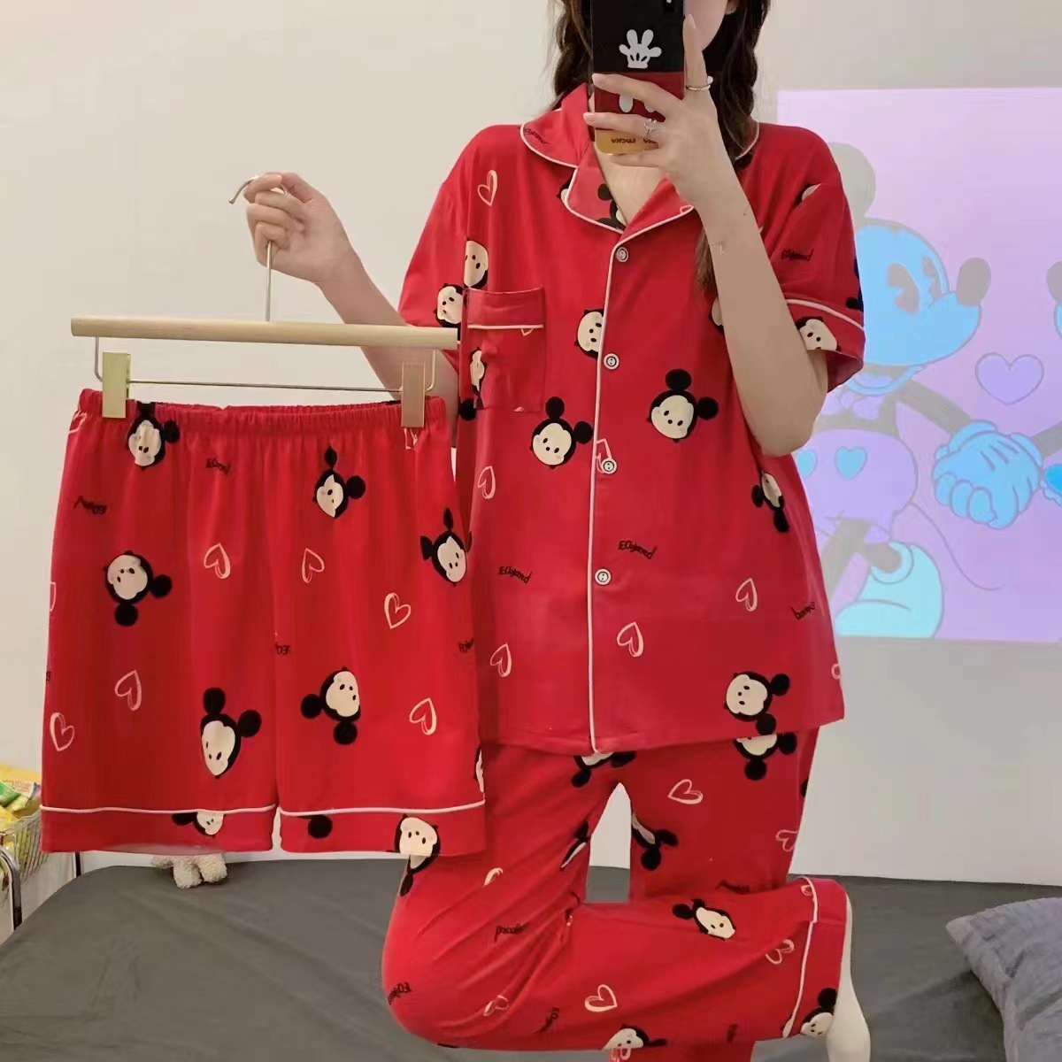 Se puede usar en exteriores, conjunto de pijama de tres piezas para mujer, nuevo estilo de la temporada de verano 2025, pantalones cortos de manga corta, pantalones largos, ropa para estar en casa, primavera y otoño. image 11