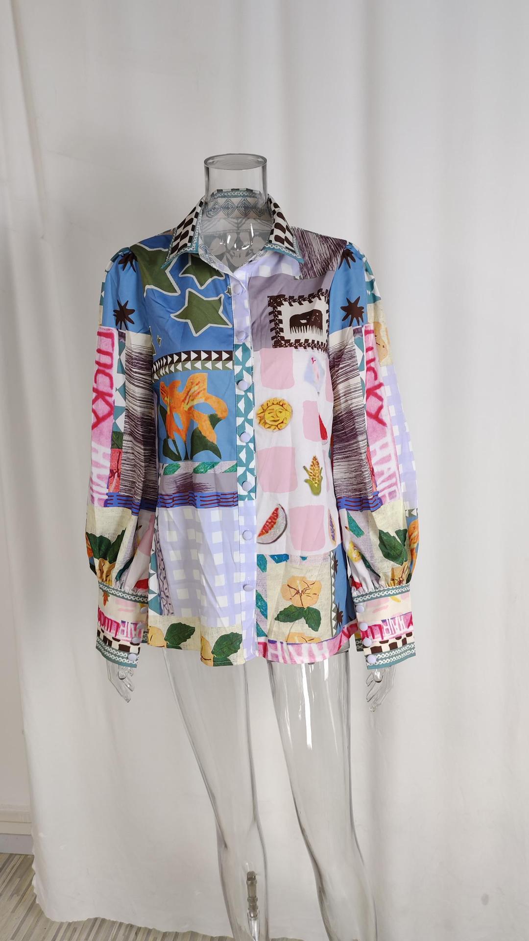 Turndown Neckline Comfort Function Wholesale Women's Hawaiian Multicolor Long Sleeve Blouses