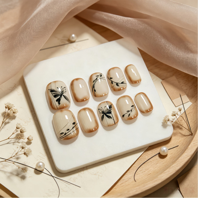 Small Butterfly Ink-Black Simple Handmade Short Wearable Nails, High-End Short Ink Painting Manicure Nails