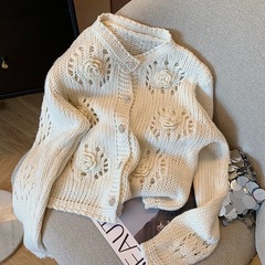 立体钩花镂空毛衣开衫女2025秋季设计感小众温柔甜美软糯针织外套