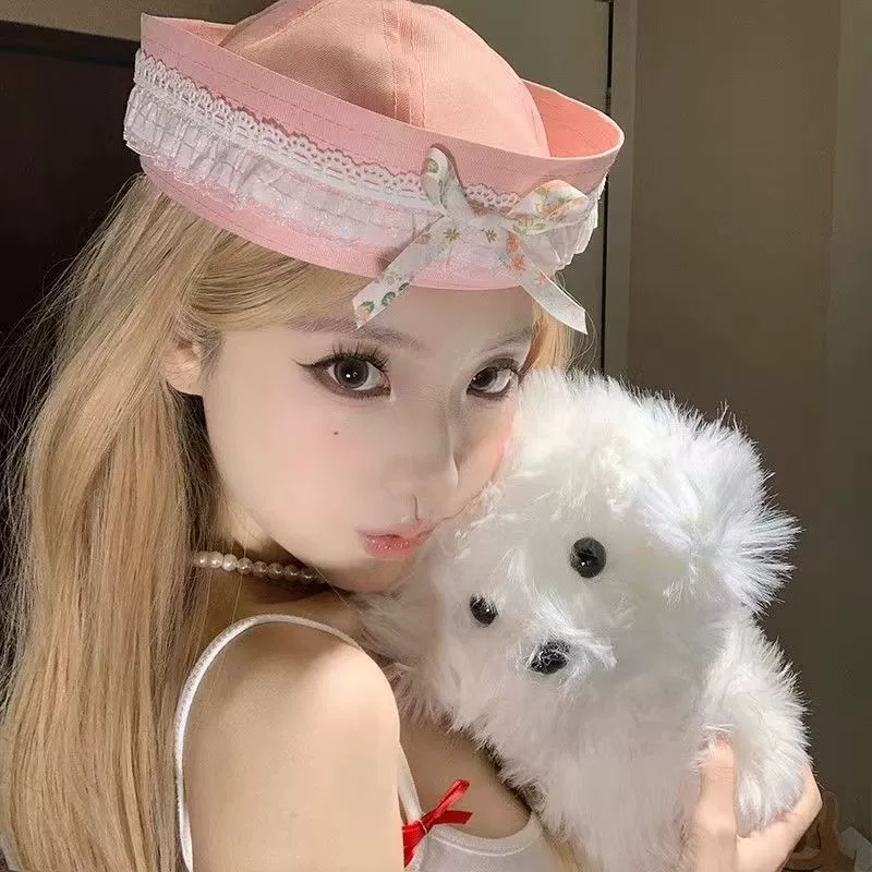 Japanese cute lace thin beret with bow, hat