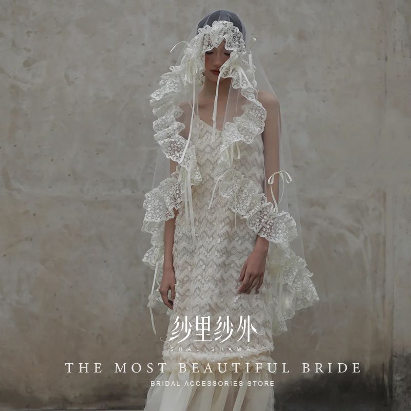 French-Style Vintage Lace Veil Bridal Main Wedding Dress Hair Accessory with a High-End Feel, Super Fairy-Like Headpiece