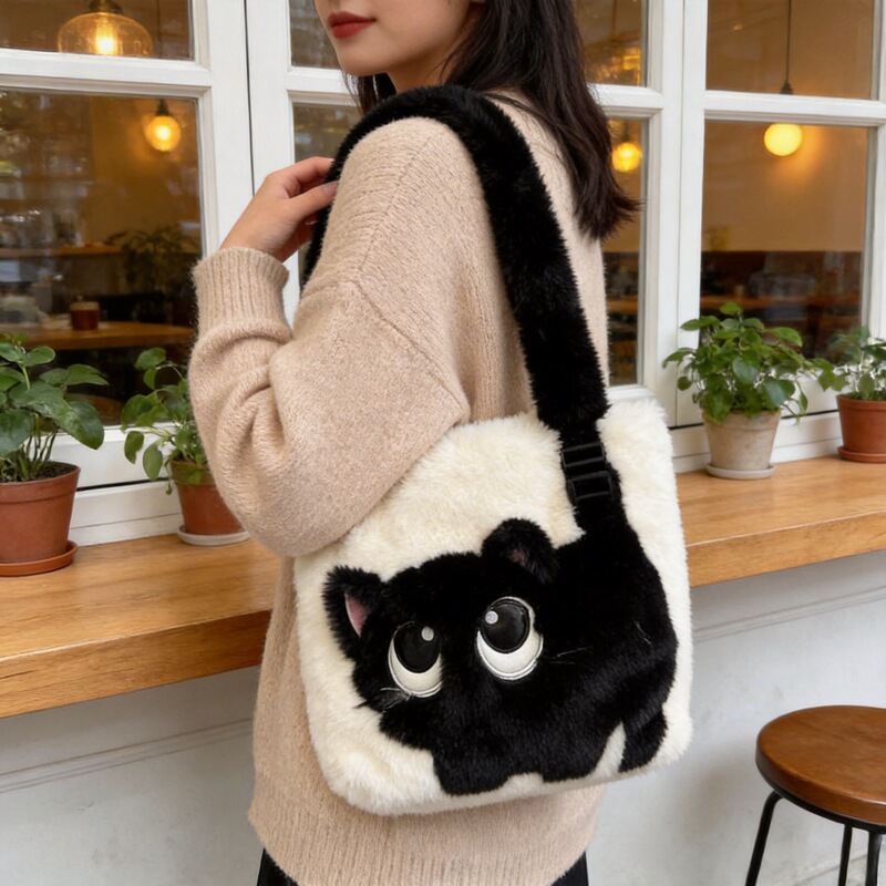 2026 New Commuter Shoulder Bag, Cute Cat Color-Blocking Tote Bag, Plush Handbag, Lightweight Large-Capacity Cat Bag