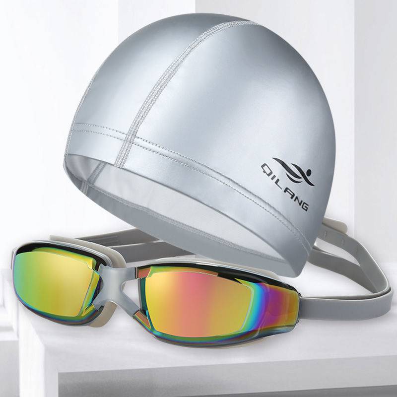 PU 수영 모자 + 수영 고글 “그레이 2 종 세트]