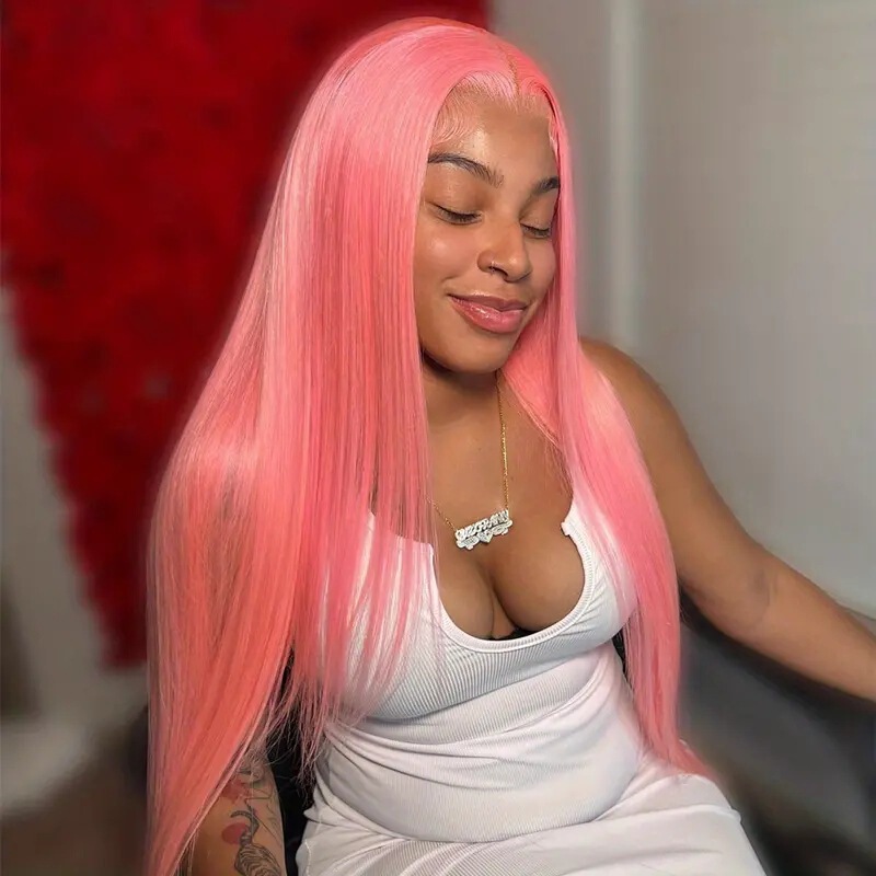 Amazon Cross-border New European and American Fashion Pink Front Lace Wig Mid-length Straight Front Lace Wig