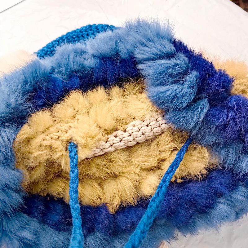 Cappello lavorato a maglia in pelo di coniglio per donna in autunno inverno, cappello in lana calda patchwork, versione coreana, peluche dolce e carino_voghion.com