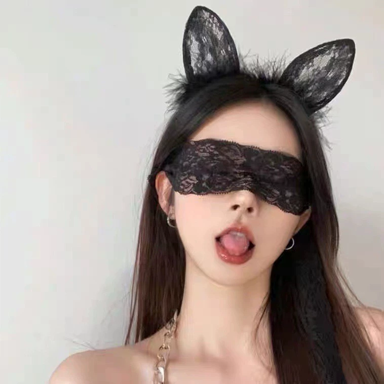 Lace Eye Mask Set, Headband & Wrist Cuffs, Black/White, Bow Accent, Multiple Styles