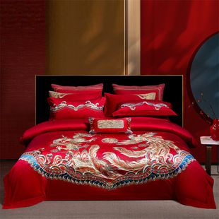 High-End Pure Cotton 160S Long-Staple Cotton Wedding Red Jacquard Embroider Four-Piece Wedding Bedding Set Ten-Piece Set