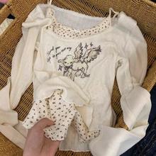 韩版蕾丝花边长袖恤女秋季外搭设计感印花修身显瘦假两件上衣