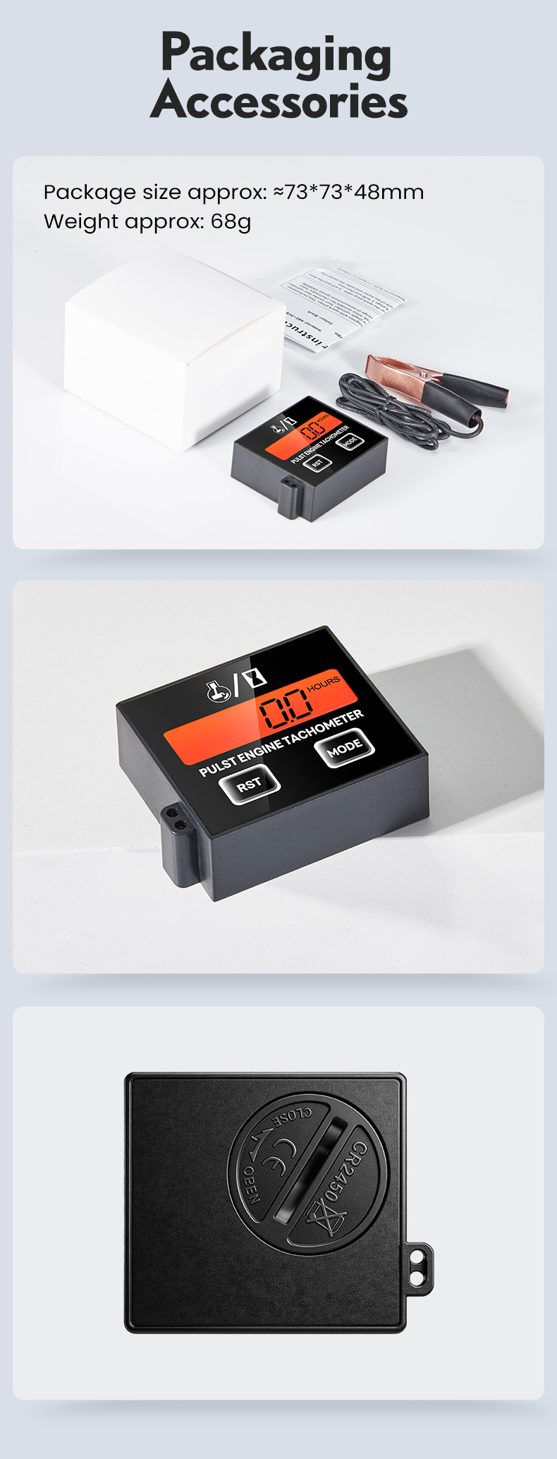 Inductive Digital Tachometer for 2/4-Stroke Engines, Universal for Lawn Mowers and Chainsaws, with an Accumulative Timer