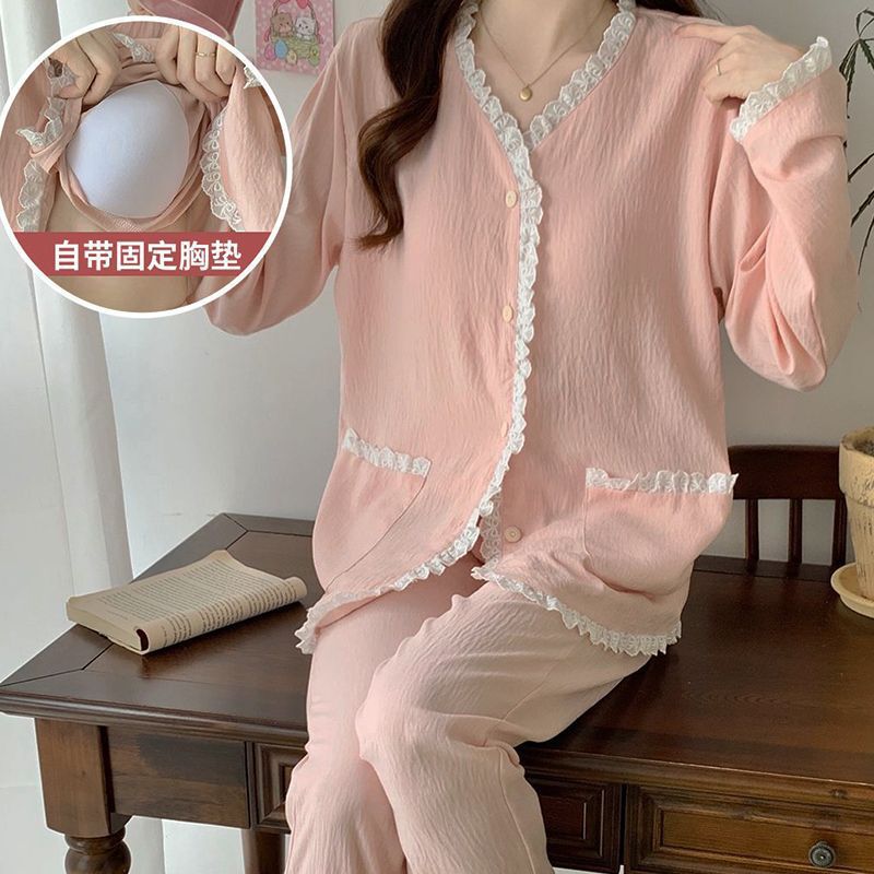 Pajamas with Breast Pads for Women, Spring and Autumn Style Cardigans, Sweet Long-Sleeved Trousers Set, Winter Cute Thin Style, Summer Home Clothes Pajamas with Breast Pads for Women, Spring and Autumn Style Cardigans, Sweet Long-Sleeved Trousers Set, Winter Cute Thin Style, Summer Home Clothes