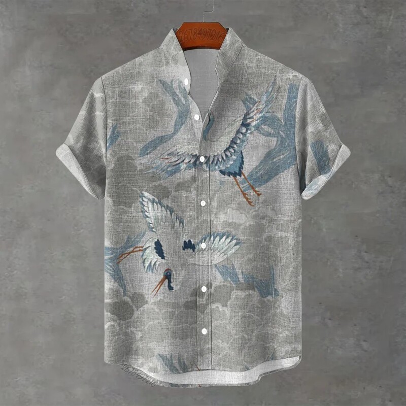 Summer Chinese-style retro men's bamboo linen short-sleeve shirt – Crane and cloud 3D printed casual shirt