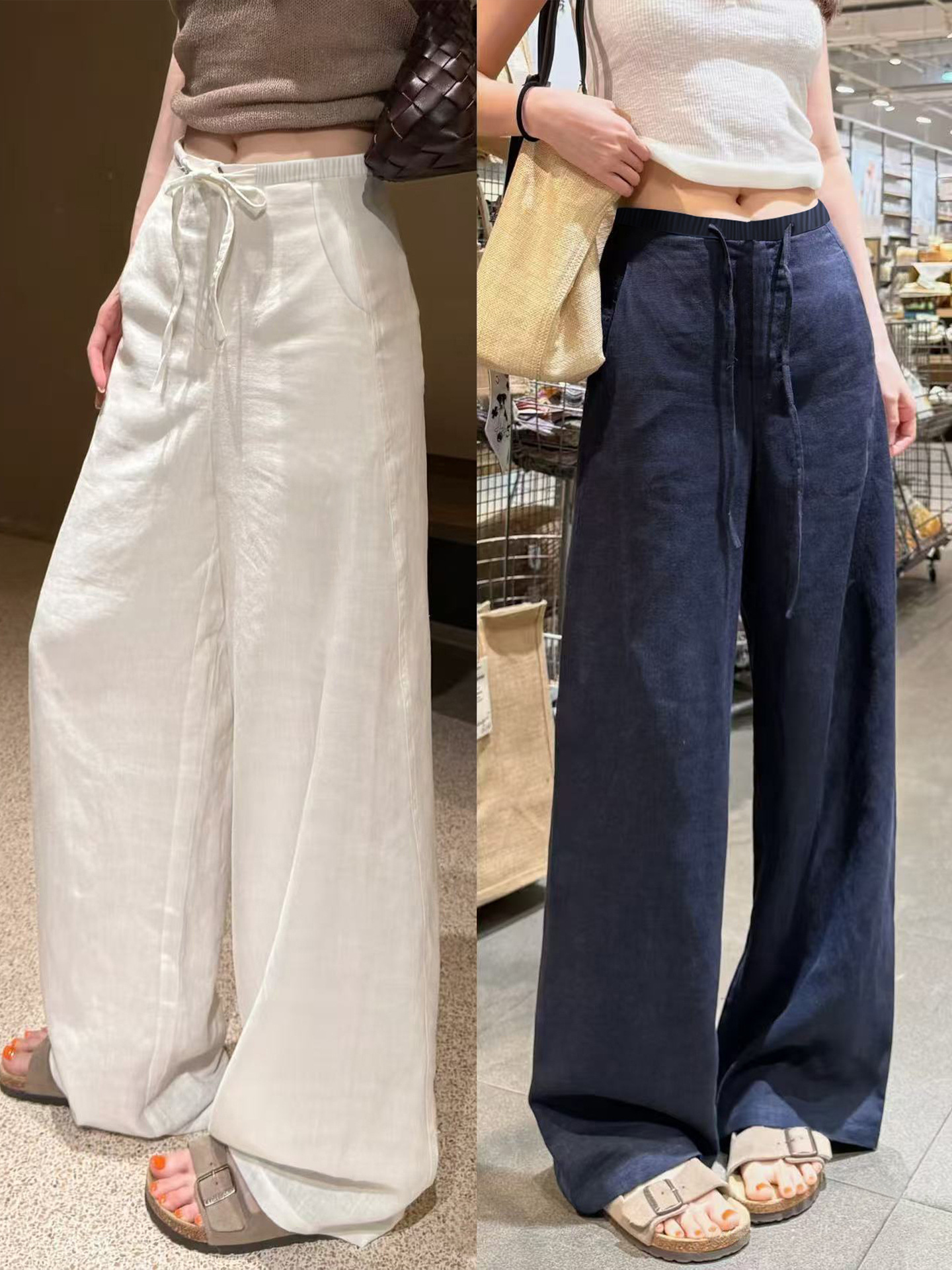 Navy Blue Cotton-Linen Wide-Leg Pants for Women, Summer Thin Style, 2026 New High-Waisted Ice Silk Loose Casual Lazy Straight-Leg Pants