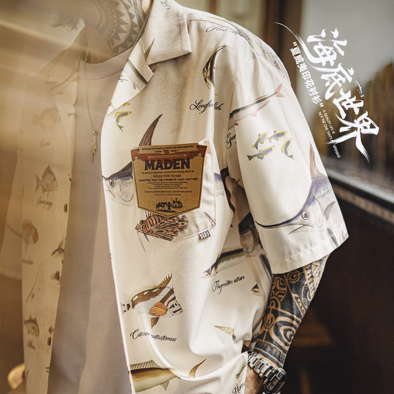 Madden Workwear American Retro Hawaiian Short-Sleeved Printed Shirt Cuban Collar Hong Kong Style Shirt Casual Jacket Men's Summer Madden Workwear American Retro Hawaiian Short-Sleeved Printed Shirt Cuban Collar Hong Kong Style Shirt Casual Jacket Men's Summer