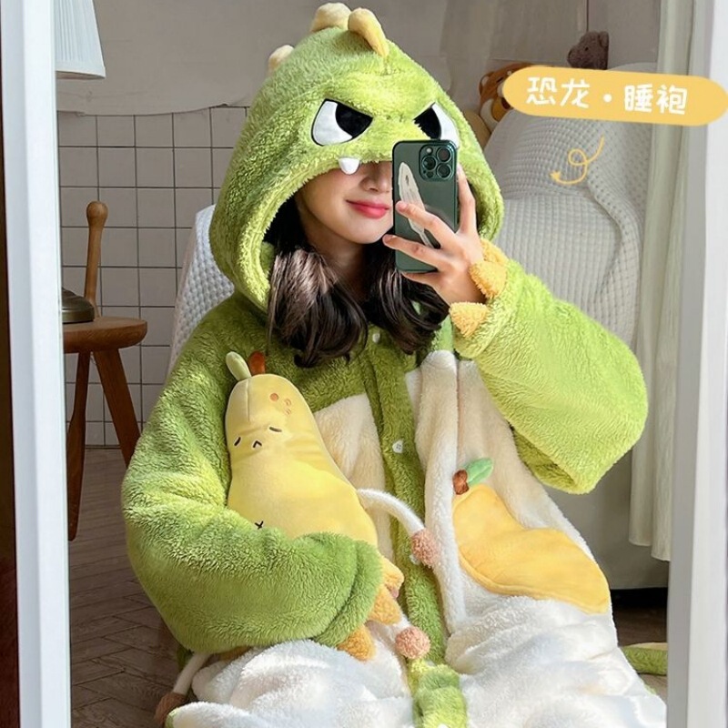 Coral Fleece Dinosaur Pajamas for Women 2026 New Autumn and Winter Long Bathrobe Trendy Thick Flannel Loungewear Coral Fleece Dinosaur Pajamas for Women 2026 New Autumn and Winter Long Bathrobe Trendy Thick Flannel Loungewear