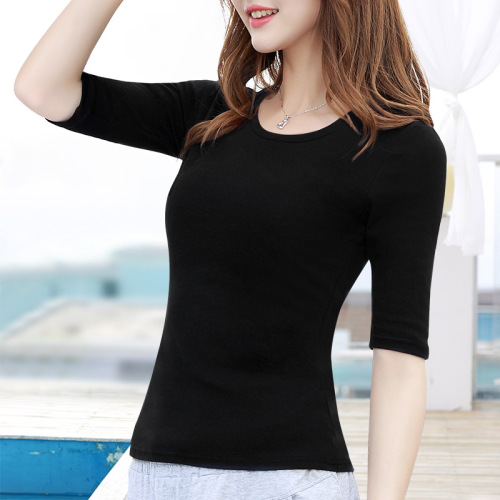 Ladies' black round neck short sleeve top, simple and versatile, slim fit, thin white crew neck T-shirt for layering and under shirt