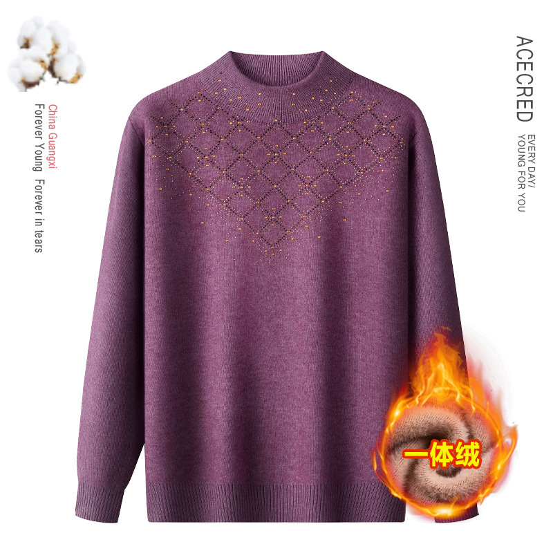 fleece-lined Not fleece-lined Middle-aged and Elderly Knitwear Sweater Women's Mother's Knitwear Pullover Loose Diamond Base Sweater