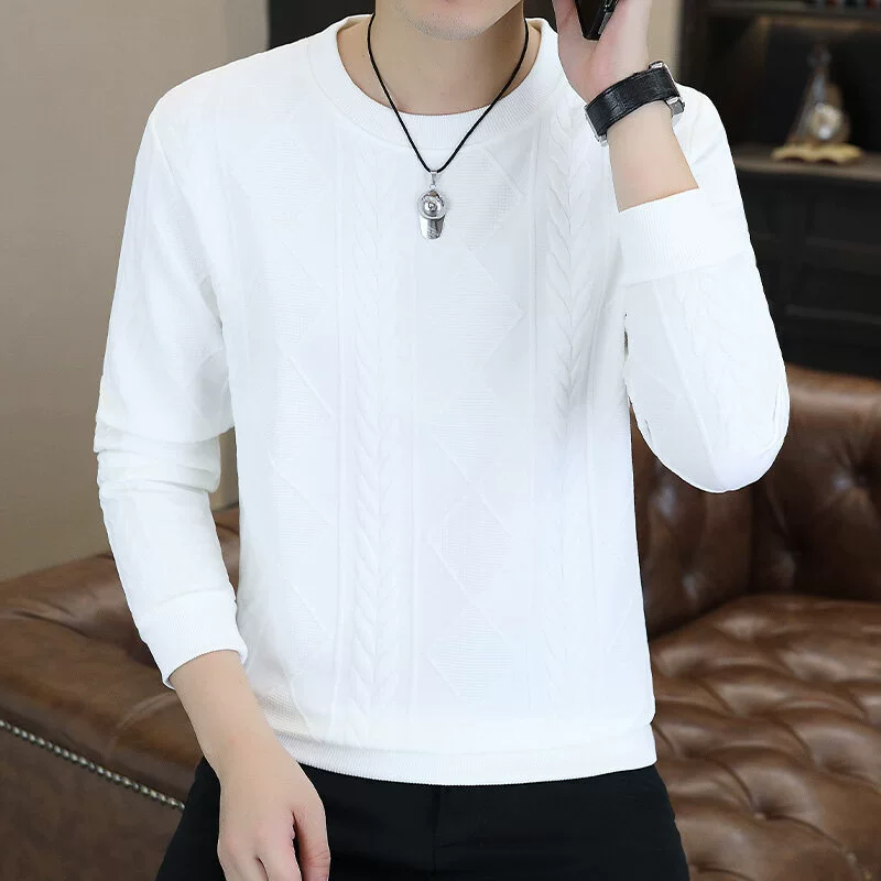 Новая весенняя мужская толстовка с круглым вырезом, жаккардовая высококачественная модная тонкая повседневная универсальная рубашка с длинными рукавами и внутренним слоем