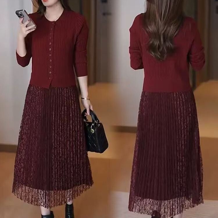 Knitted Dress with Coat, Stylish and Fashionable, New Autumn and Winter Style, Mid-Length, Lace Patchwork, Slimming Base Dress