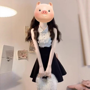 富家千金高級感黑色無袖背心連衣裙夏季蕾絲設計感收腰a字蓬蓬裙