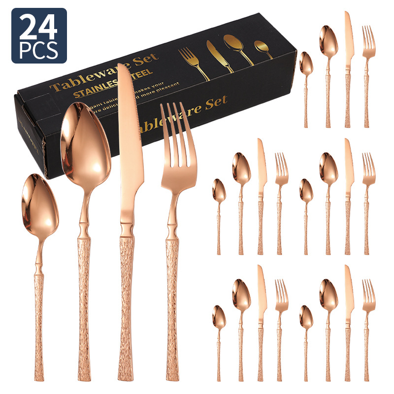 Cuchillos, tenedores y cucharas de acero inoxidable con cintura pequeña transfronteriza Juego de vajilla de acero inoxidable con cuchillo y tenedor de filete dorado, juego de 20/24/30