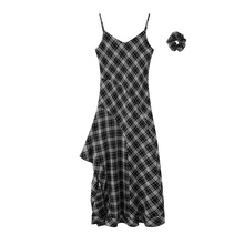 2025夏季新款女装不规则下摆格子吊带格子连衣裙长裙 4G4291081