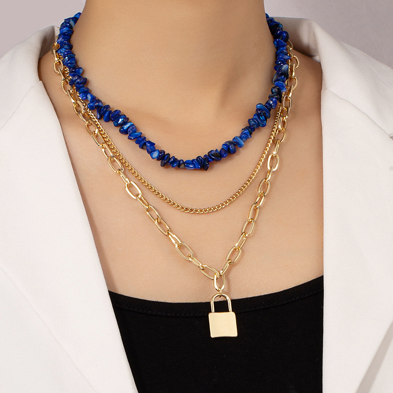 Multi-layer Lapis Lazuli Chain Lock Pendent Geometric Women's Necklace display picture 1