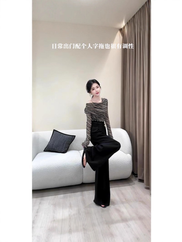 2025早秋新款设计感斑马纹长袖T恤上衣显瘦气质黑色阔腿裤两件套|undefined
