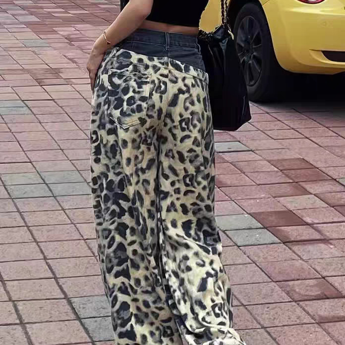 American Retro Asymmetric Leopard Print Wide-Leg Jeans 2025 Autumn New Street Style Slimming Straight Pants