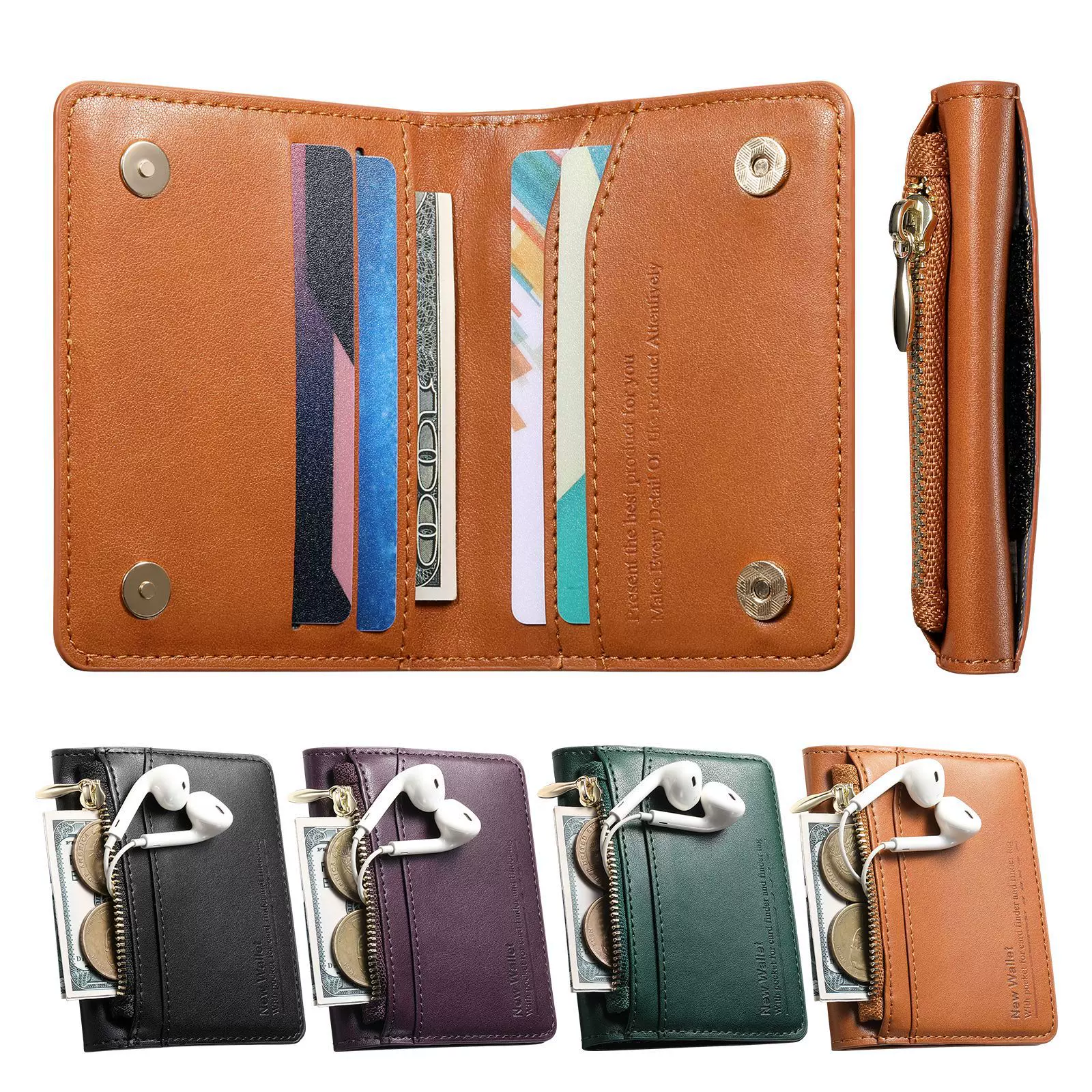 手提零钱包商务风插卡收纳拉链卡包卡套PU皮革左右翻盖卡夹礼品袋