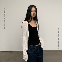 天丝亚麻慵懒V领针织衫女2026新款薄款修身显瘦开衫镂空长袖外套