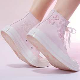 23春季新款1970s樱花刺绣帆布鞋高帮女低帮水晶底板鞋粉白A06221C
